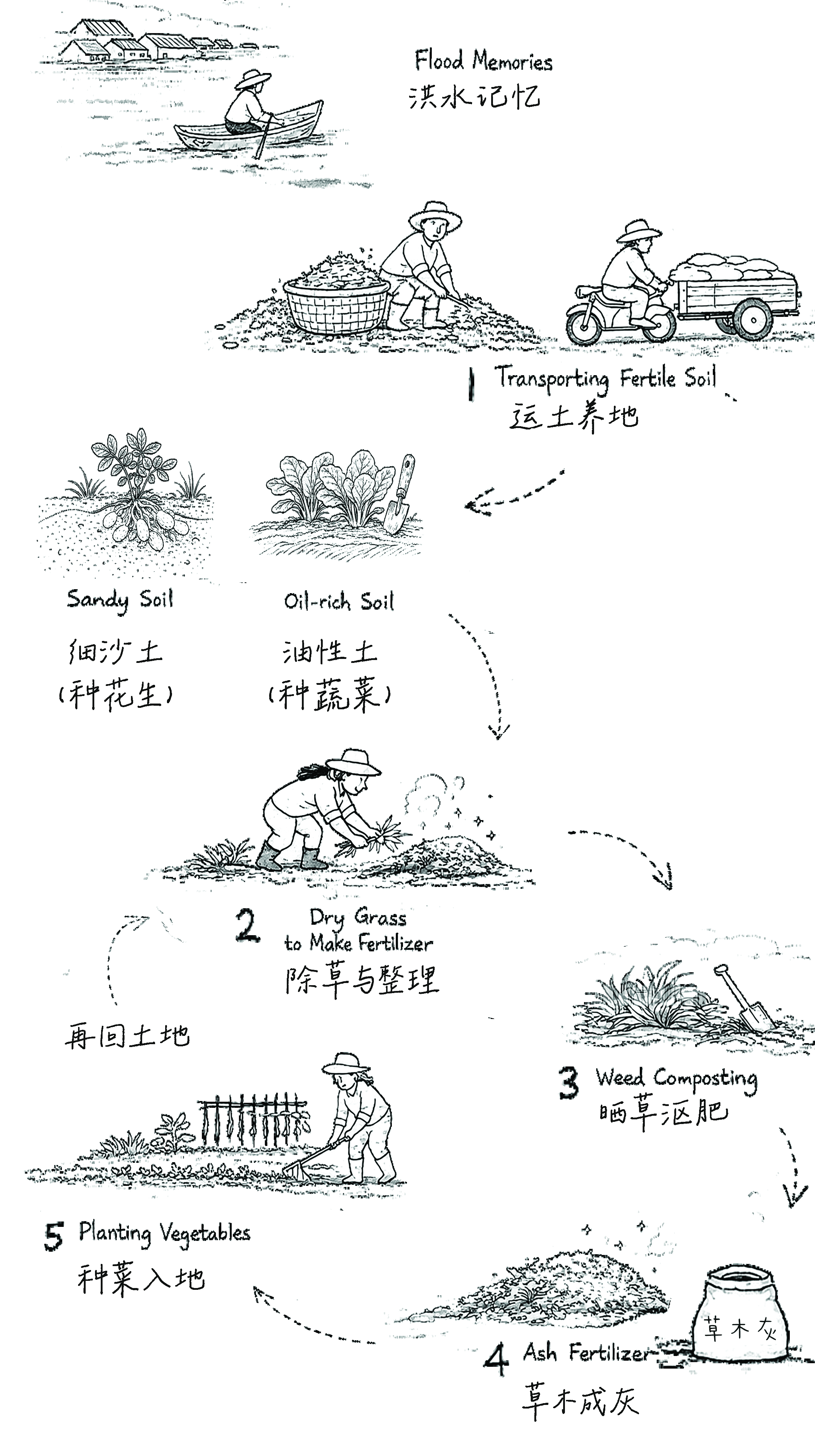 原展板中的土地循环手绘过程与循环箭头